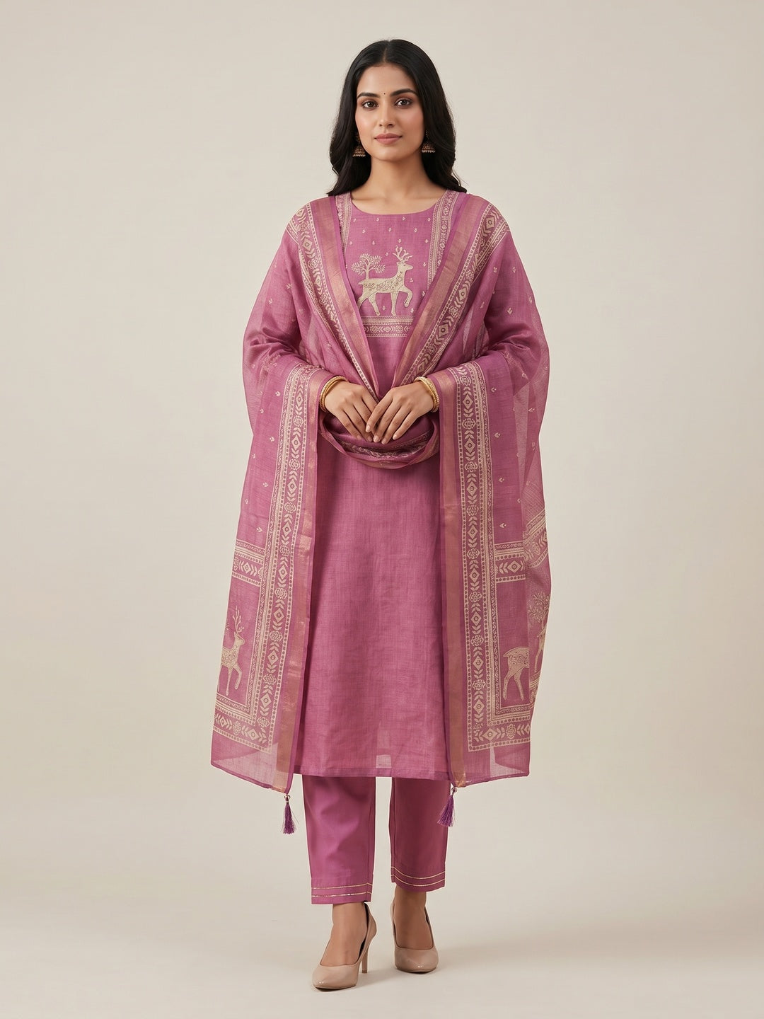 Peachmode Pink Linen Dress Material with Ethnic Motifs - Image 1