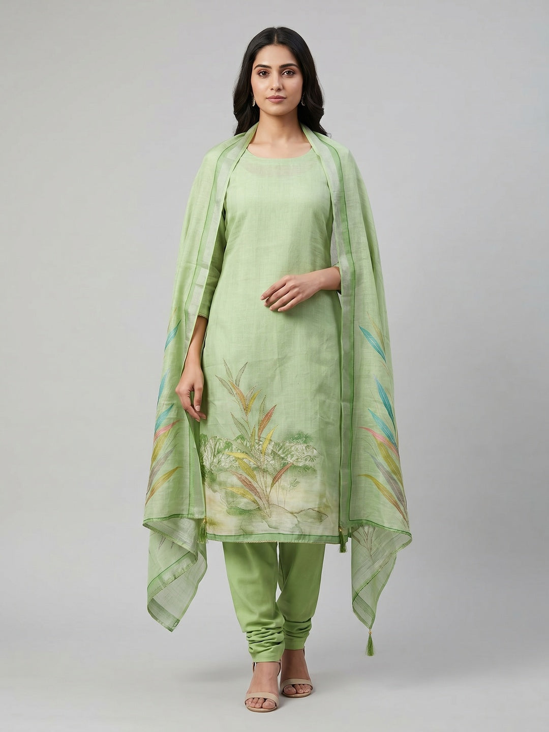 Peachmode Green Linen Dress Material with Floral Print - Image 2