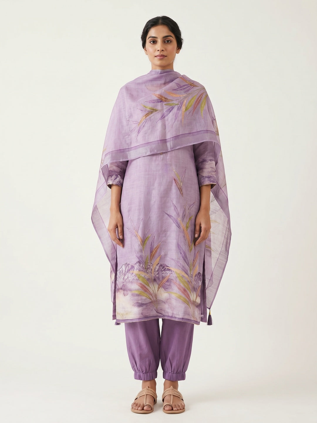 Peachmode Lavender Linen Dress Material with Floral Print - Image 2