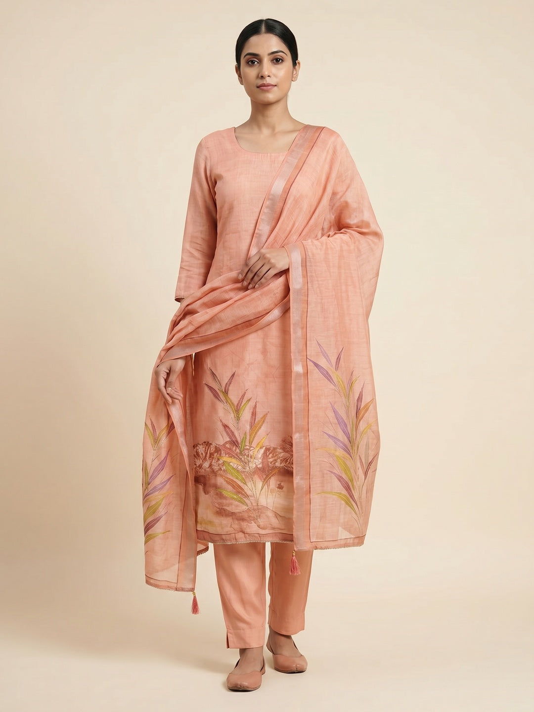 Peachmode Peach Linen Dress Material with Floral Print - Image 2