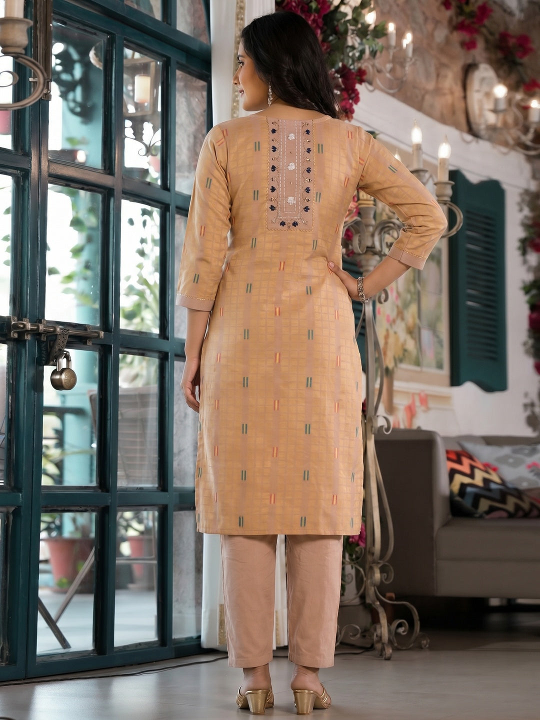 Chikoo Woven Pure Cotton Straight Kurti Set - Image 1