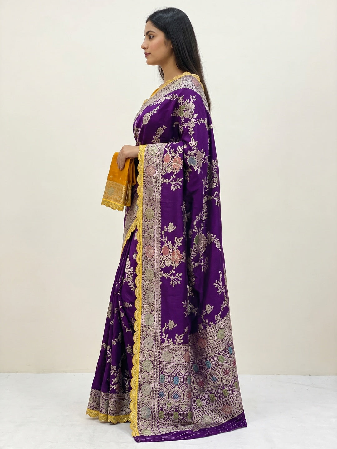 Purple Floral Woven Dola Silk Saree With Lace Border - Image 2