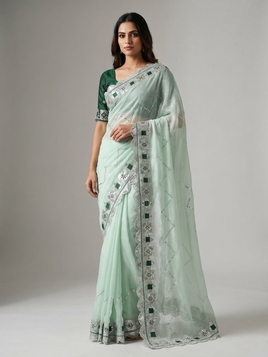 Light Green Sequins Embroidered Chiffon Saree - Image 1