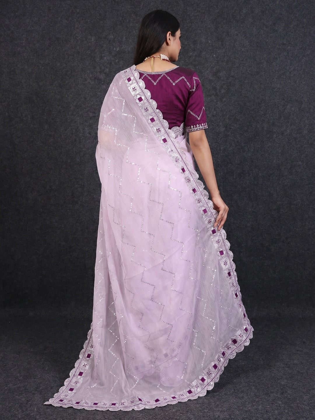 Light Purple Sequins Embroidered Chiffon Saree - Image 3
