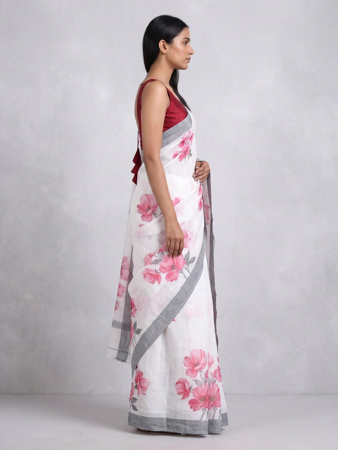 White & Pink Digital Floral Printed Linen Saree - Image 3