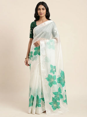 White & Green Floral Foil Printed Organza Saree - Image 1