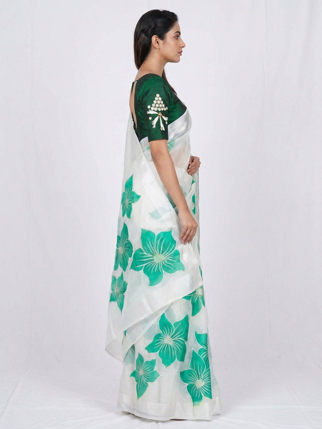 White & Green Floral Foil Printed Organza Saree - Image 4