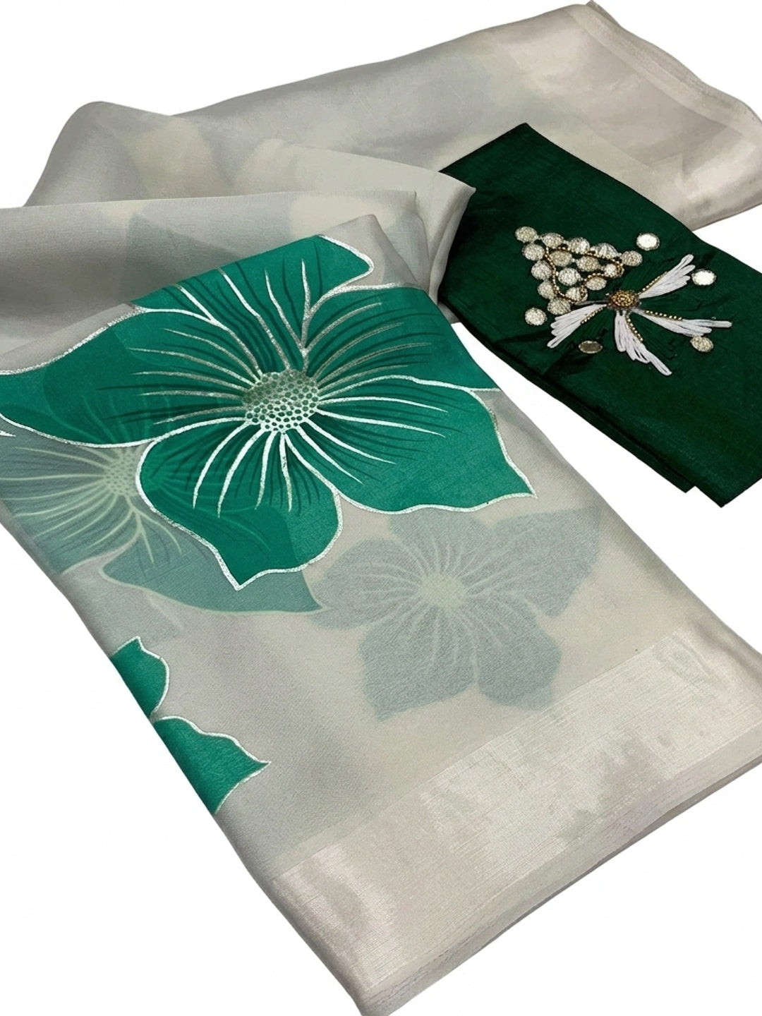 White & Green Floral Foil Printed Organza Saree - Image 3