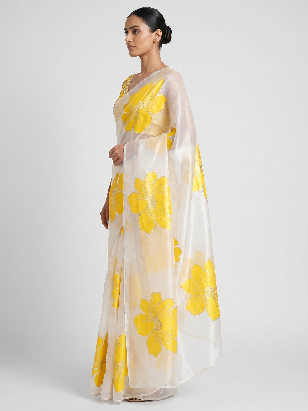 White & Yellow Floral Foil Printed Organza Saree - Image 3