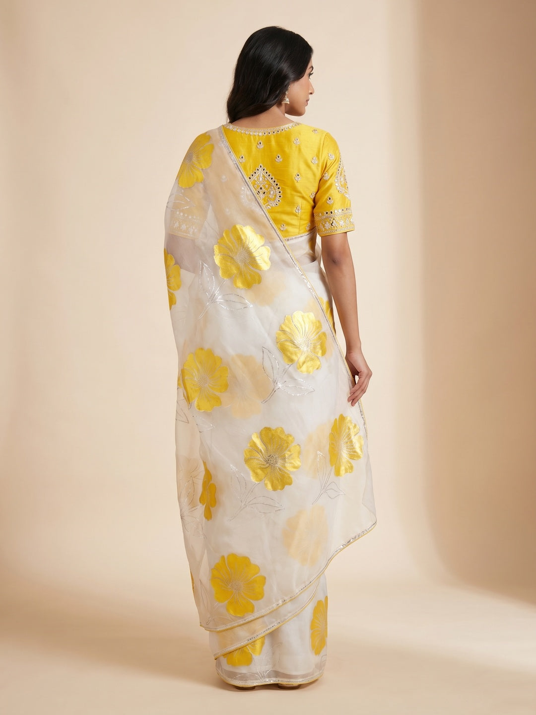 White & Yellow Floral Foil Printed Organza Saree - Image 2