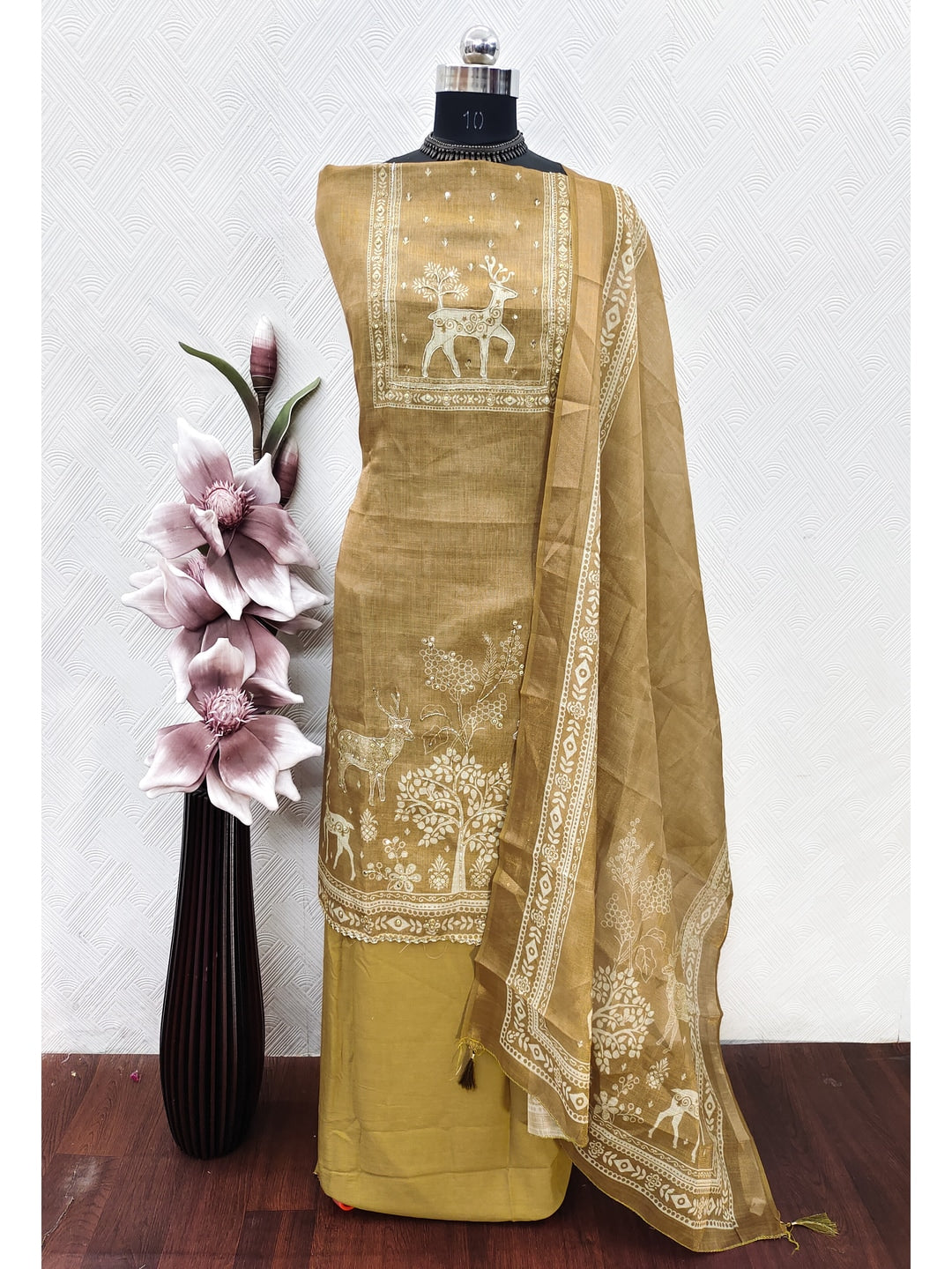 Peachmode Mustard Linen Dress Material with Ethnic Motifs - Image 4