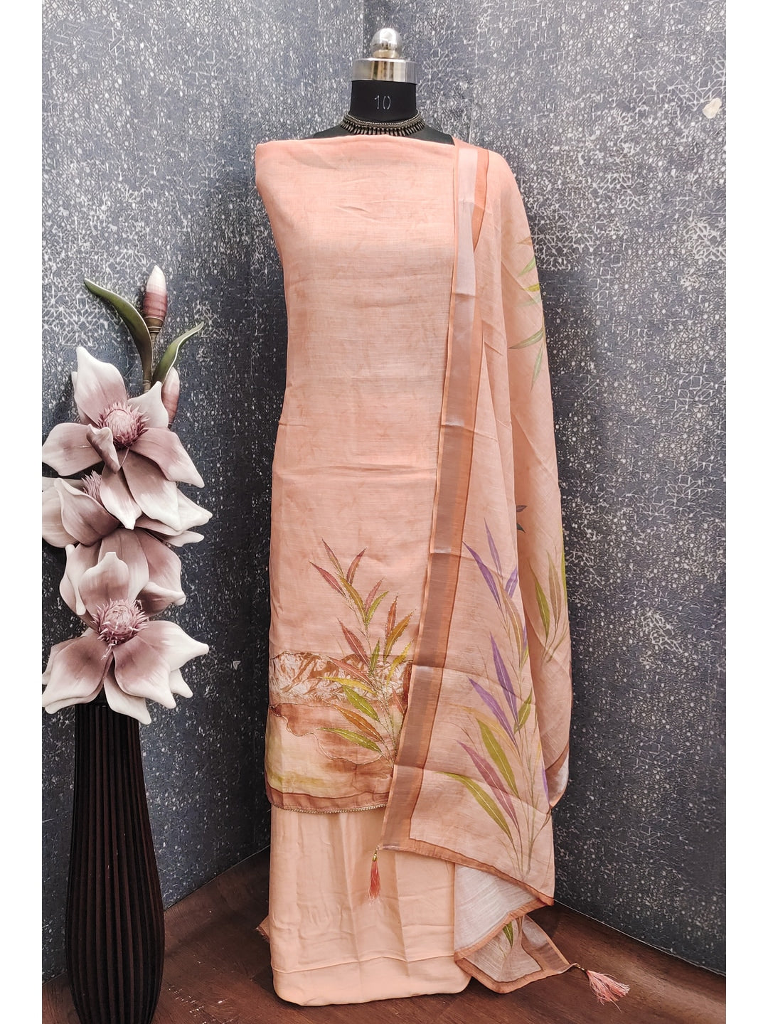 Peachmode Peach Linen Dress Material with Floral Print - Image 4