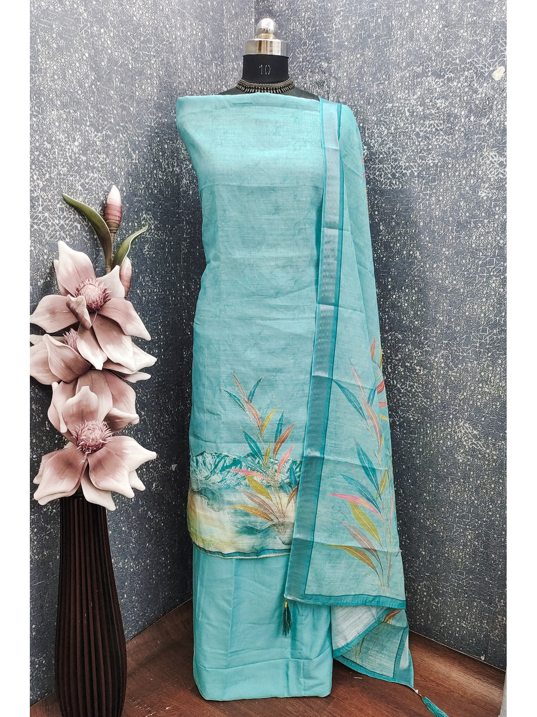 Peachmode Teal Linen Dress Material with Floral Print - Image 4