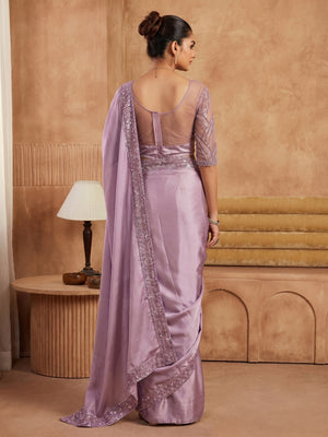 Pastel Purple Sequins Embroidered Satin Silk Saree - Image 1
