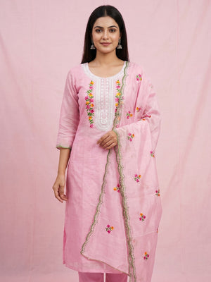 Pink Floral Embroidered Chanderi Dress Material - Image 1