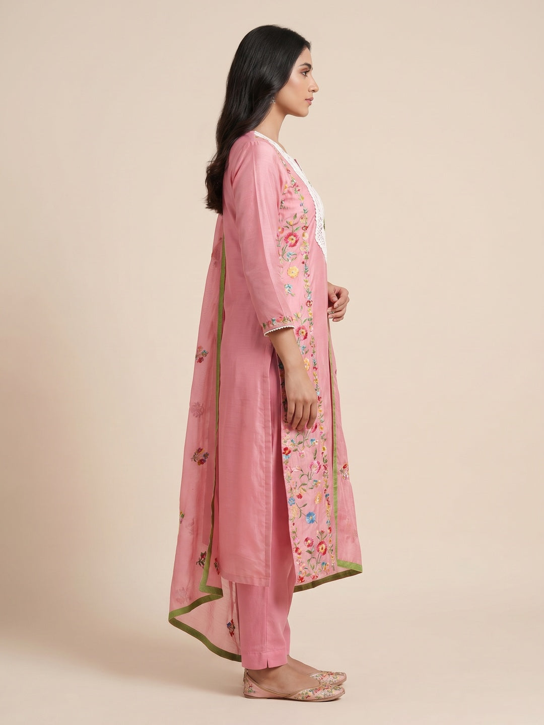 Pink Floral Embroidered Chanderi Dress Material - Image 3