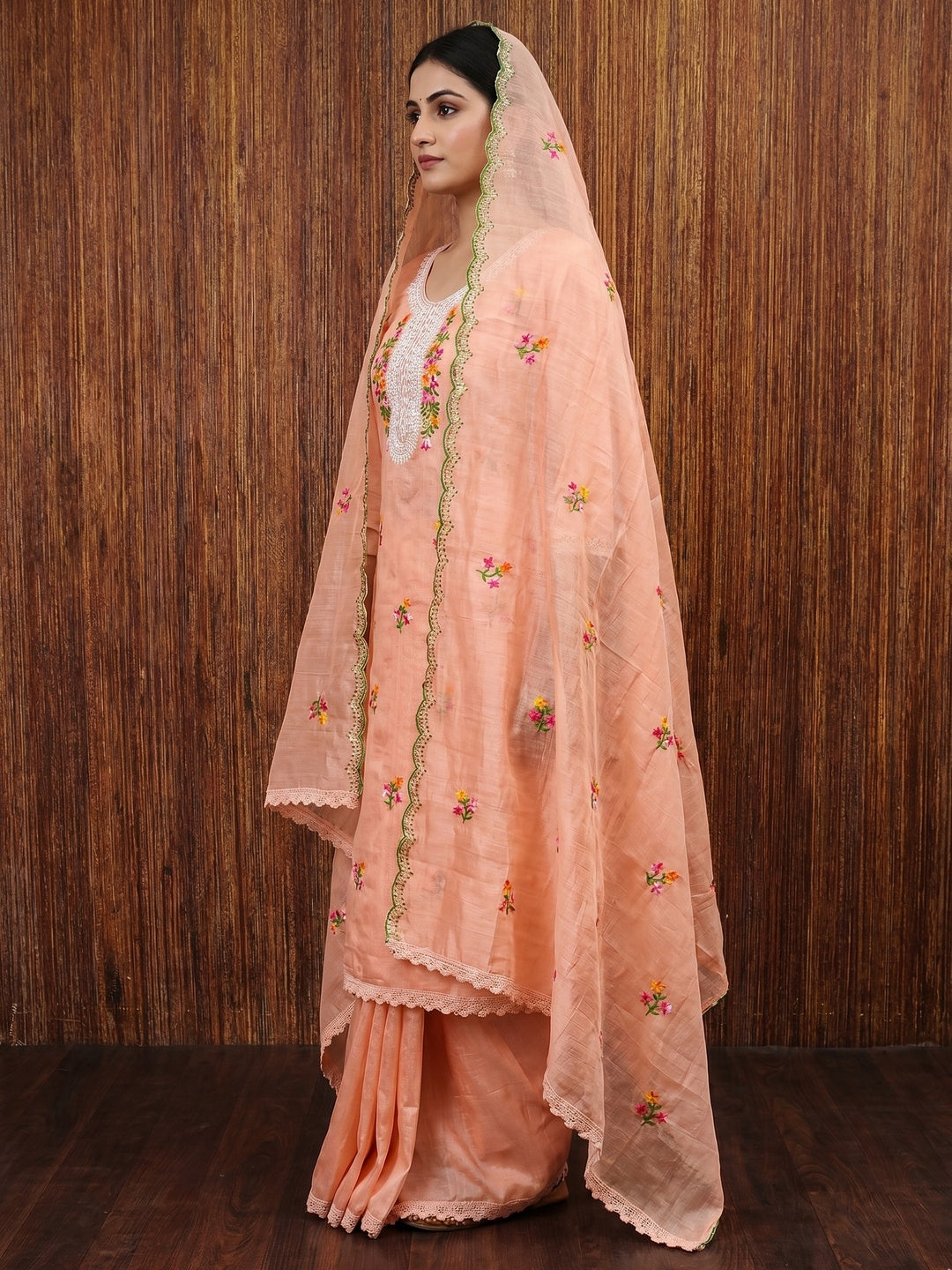 Peach Floral Embroidered Chanderi Dress Material - Image 1