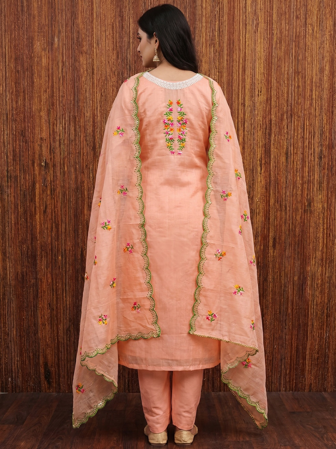 Peach Floral Embroidered Chanderi Dress Material - Image 2