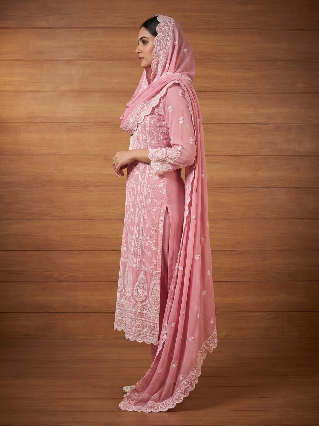 Pink Embroidered Georgette Dress Material - Image 3