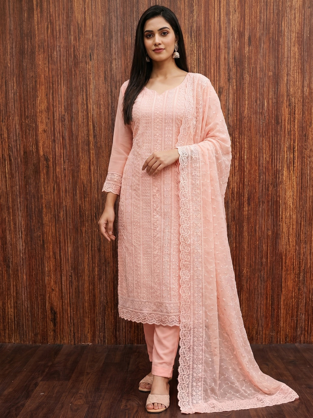 Peach Embroidered Georgette Dress Material - Image 1