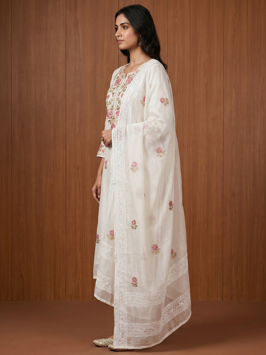 White Floral Embroidered Chanderi Dress Material - Image 3