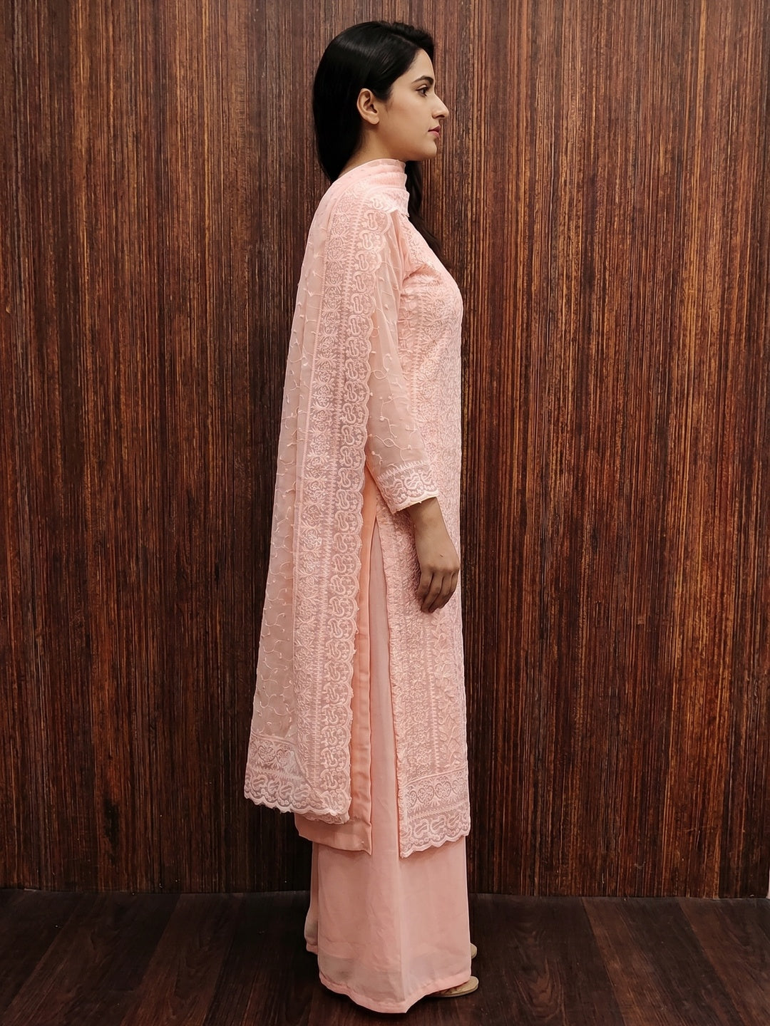 Peach Embroidered Georgette Dress Material - Image 2