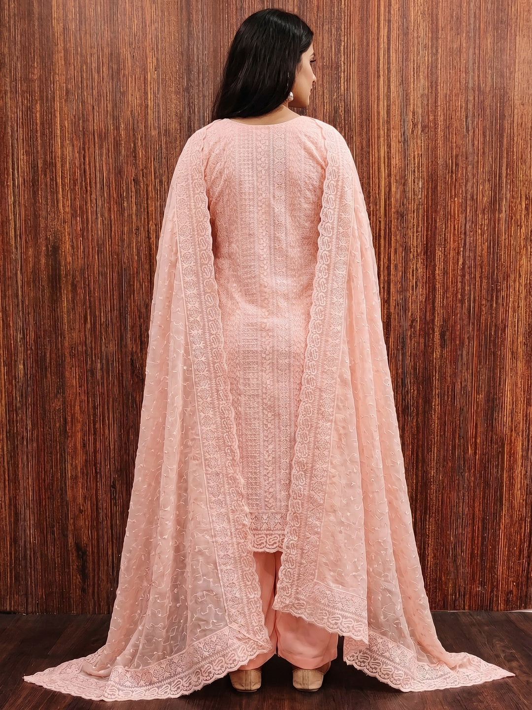 Peach Embroidered Georgette Dress Material - Image 3