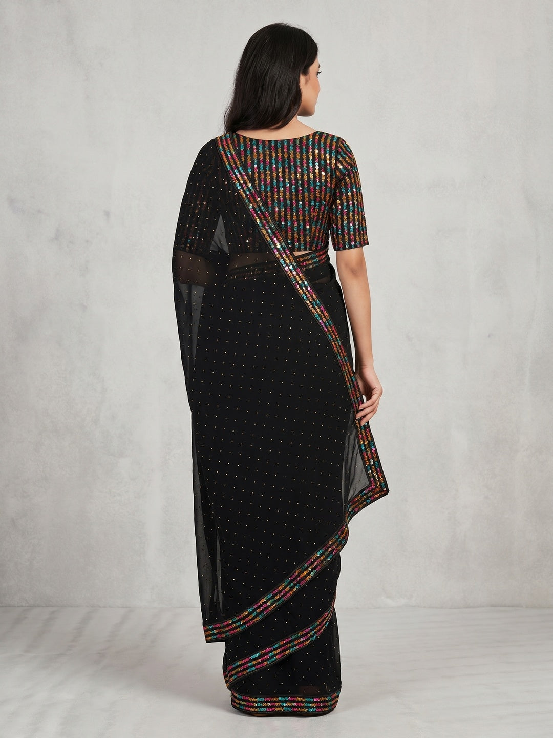 Black Diamond Work Georgette Saree With Sequins Lace Border - Image 3