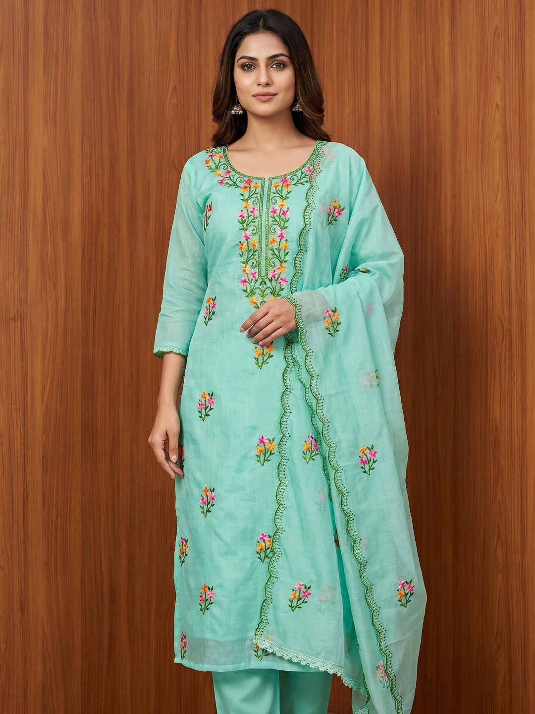 Turquoise Floral Embroidered Chanderi Dress Material - Image 1