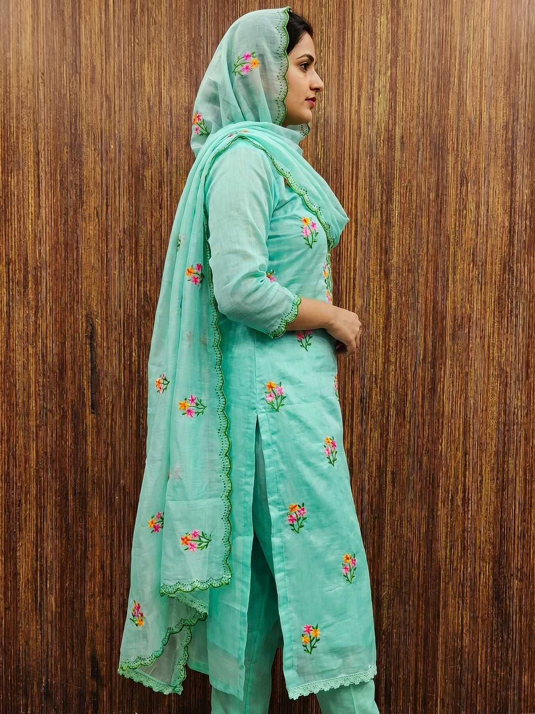 Turquoise Floral Embroidered Chanderi Dress Material - Image 3