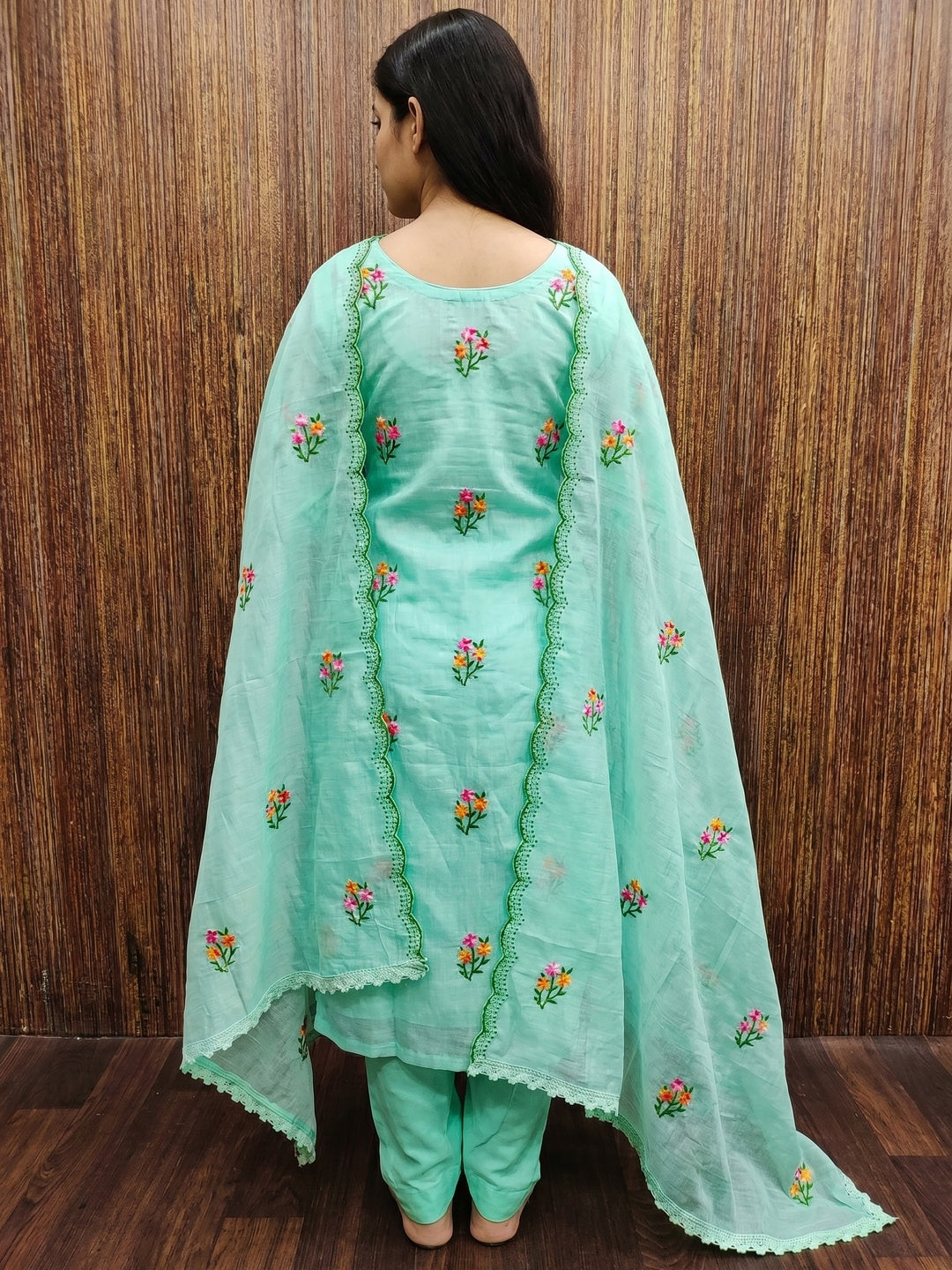 Turquoise Floral Embroidered Chanderi Dress Material - Image 2