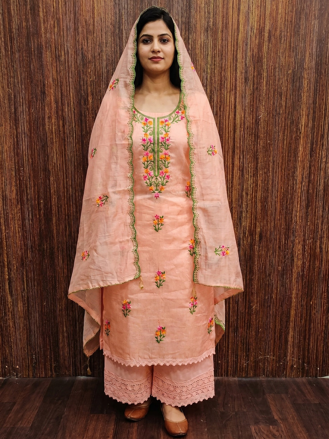Peach Floral Embroidered Chanderi Dress Material - Image 1