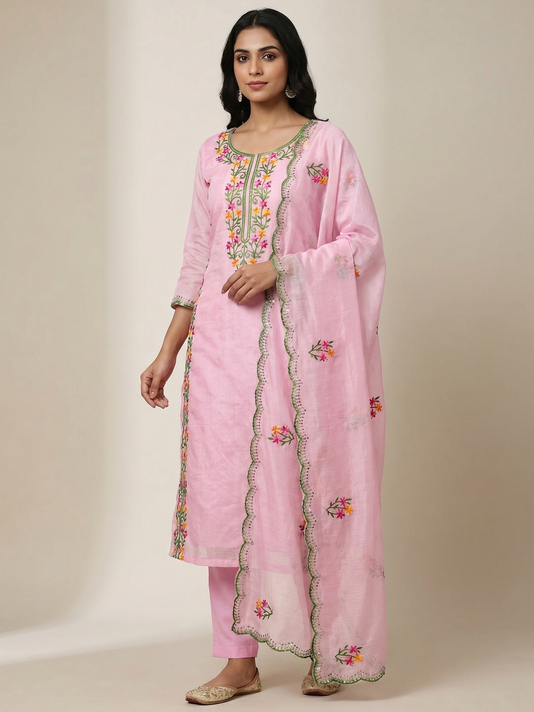Pink Floral Embroidered Chanderi Dress Material - Image 1