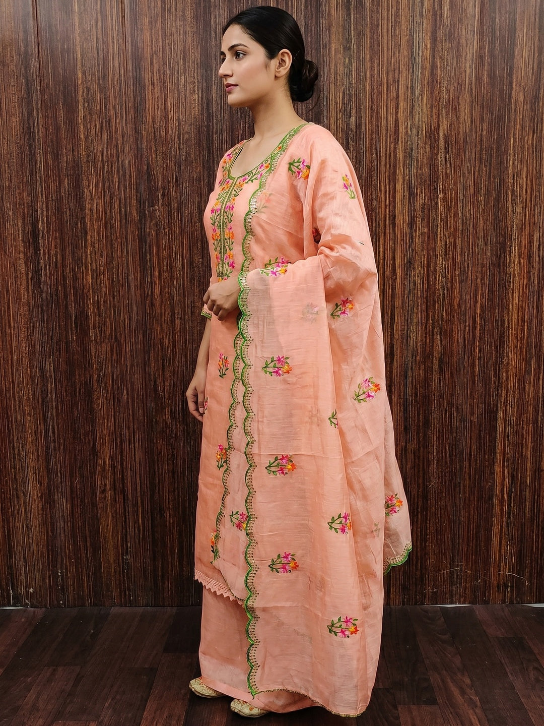 Peach Floral Embroidered Chanderi Dress Material - Image 3