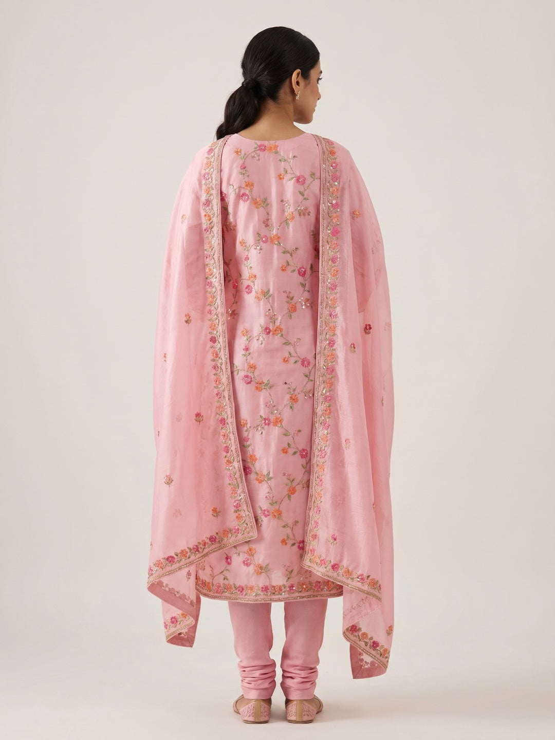 Pink Floral Embroidered Chanderi Dress Material - Image 2