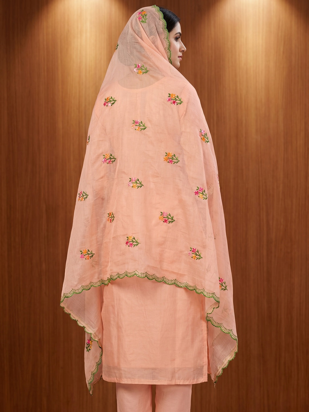 Peach Floral Embroidered Chanderi Dress Material - Image 2