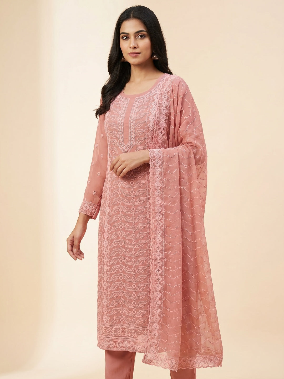 Peach Lucknowi Embroidered Georgette Dress Material - Image 1