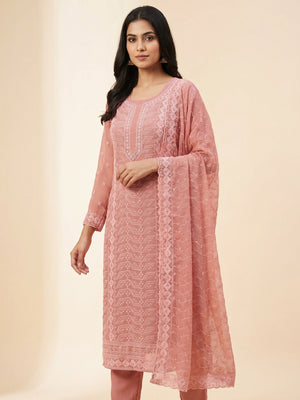 Peach Lucknowi Embroidered Georgette Dress Material - Image 1