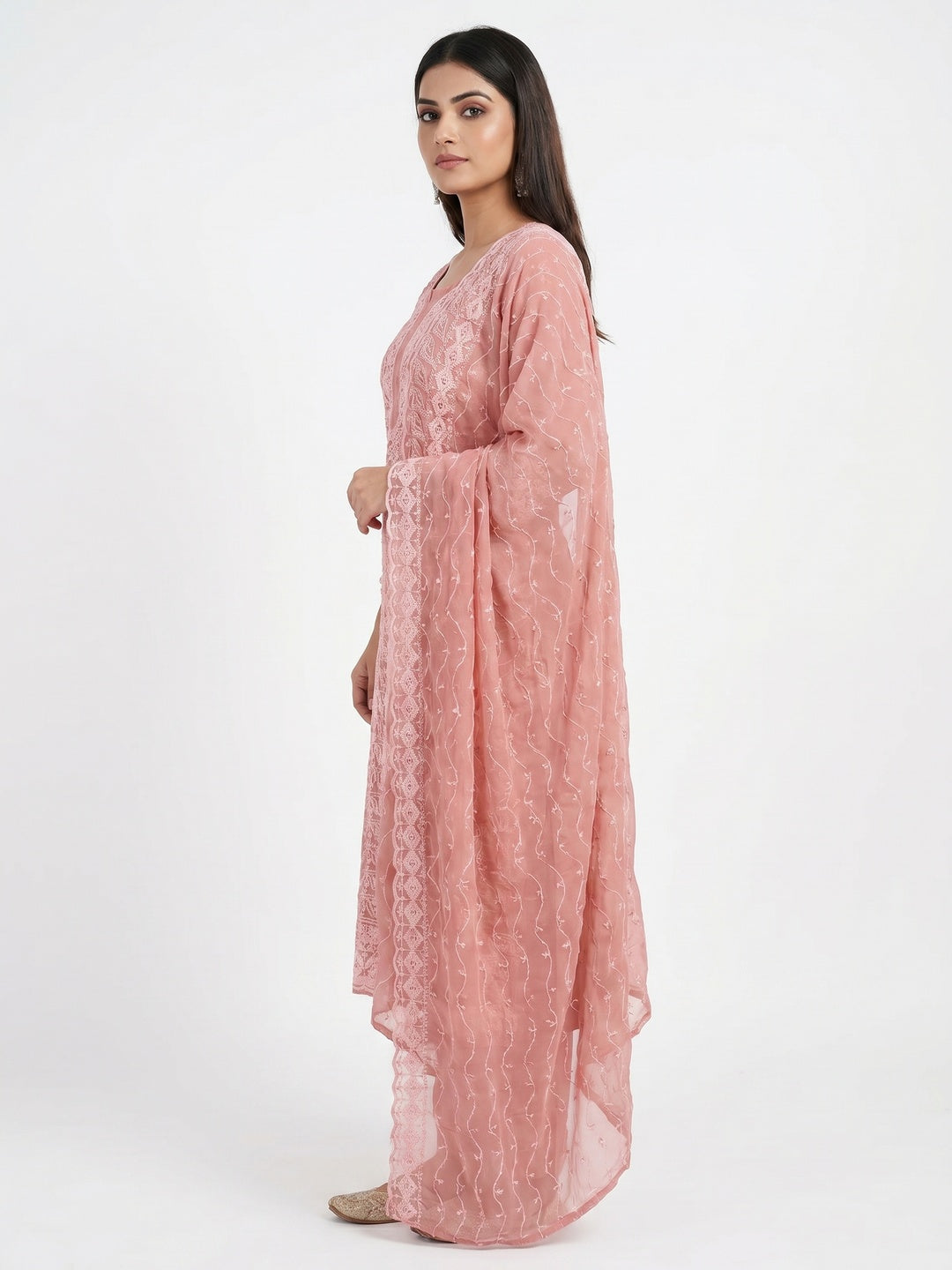 Peach Lucknowi Embroidered Georgette Dress Material - Image 3