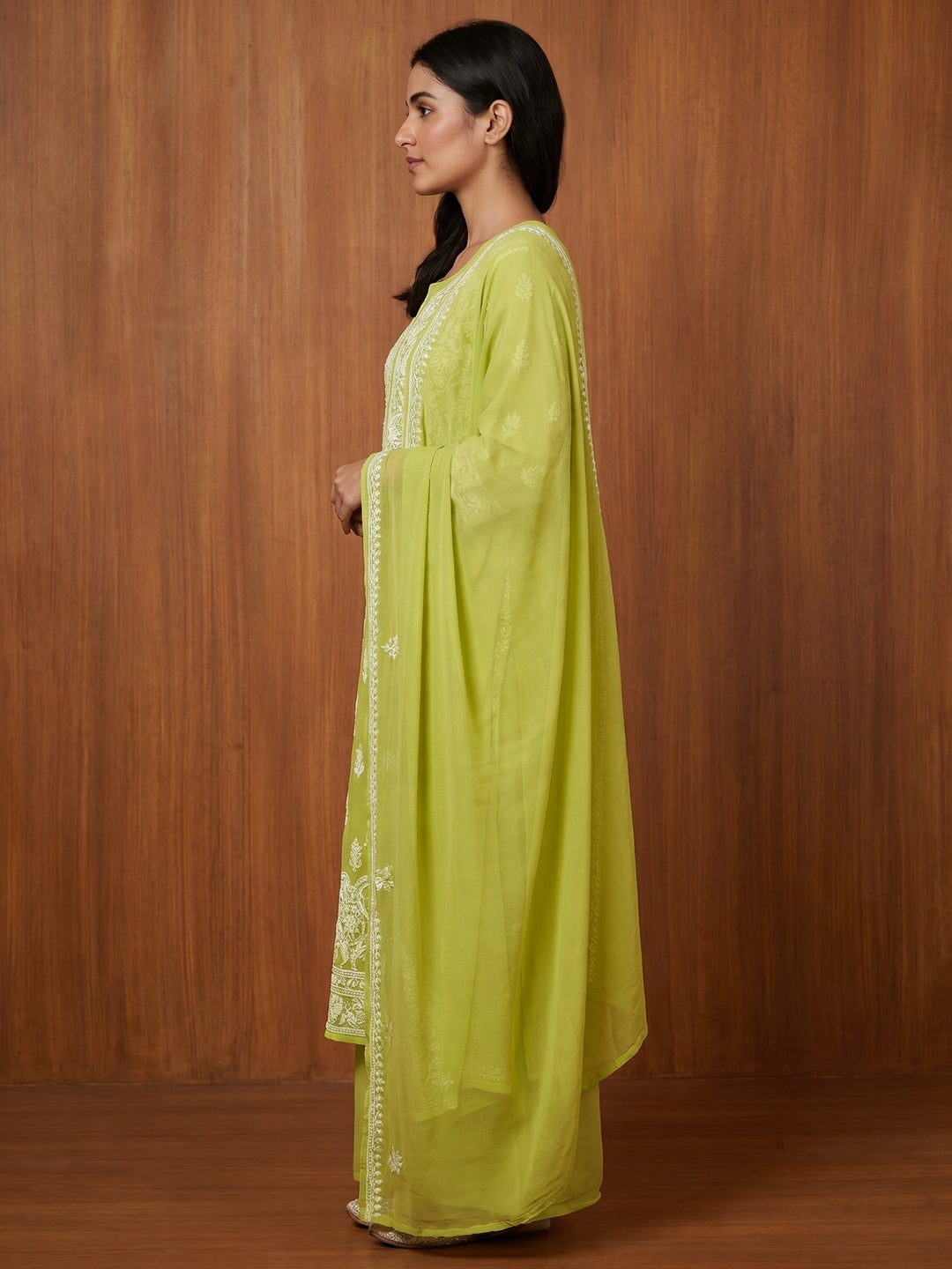 Green Lucknowi Embroidered Georgette Dress Material - Image 2
