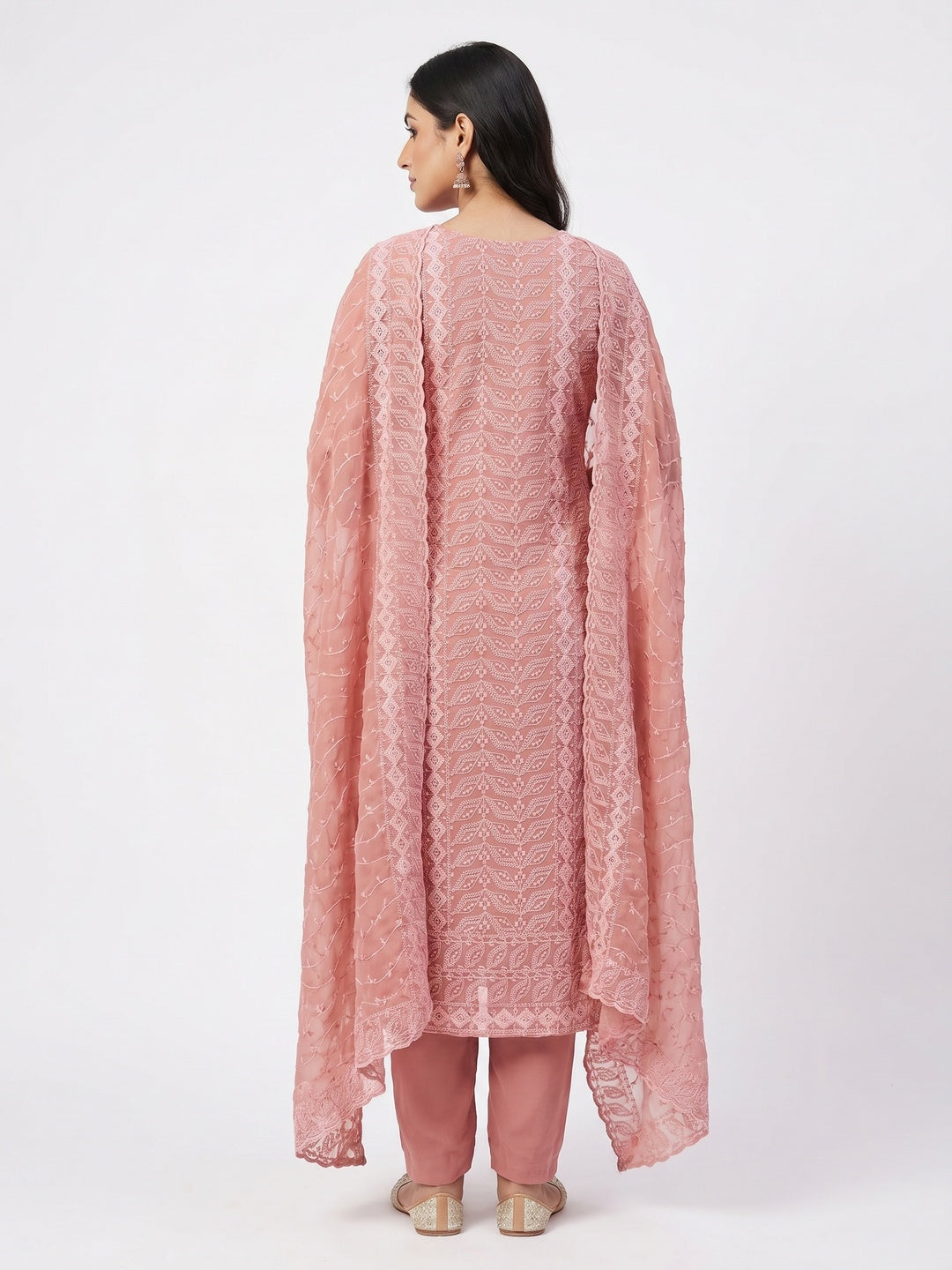 Peach Lucknowi Embroidered Georgette Dress Material - Image 2