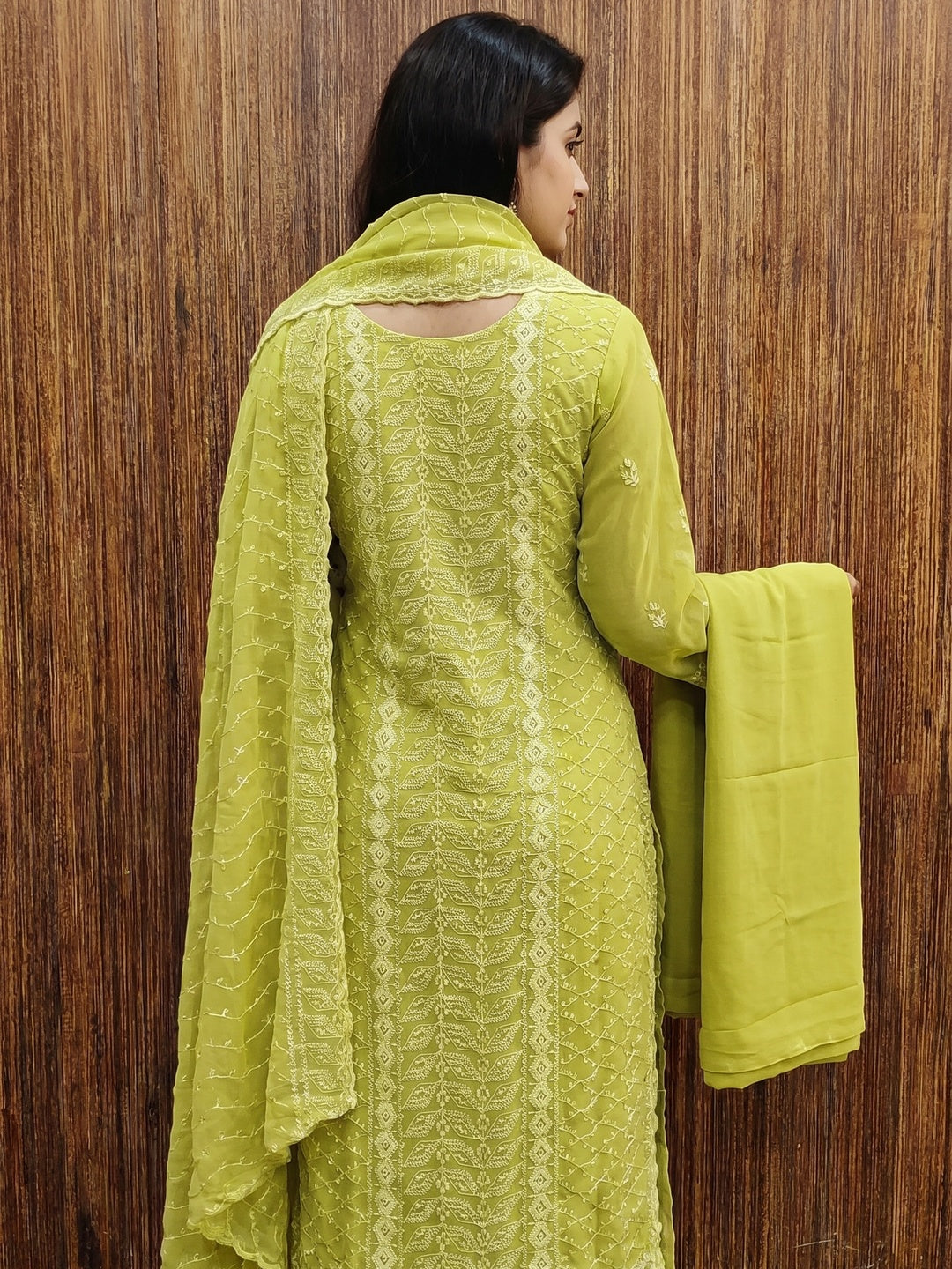Green Lucknowi Embroidered Georgette Dress Material - Image 3