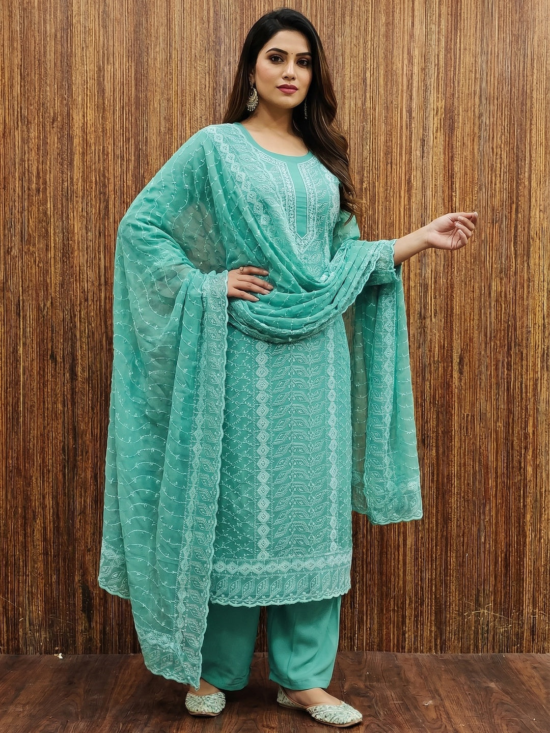 Turquoise Lucknowi Embroidered Georgette Dress Material - Image 1