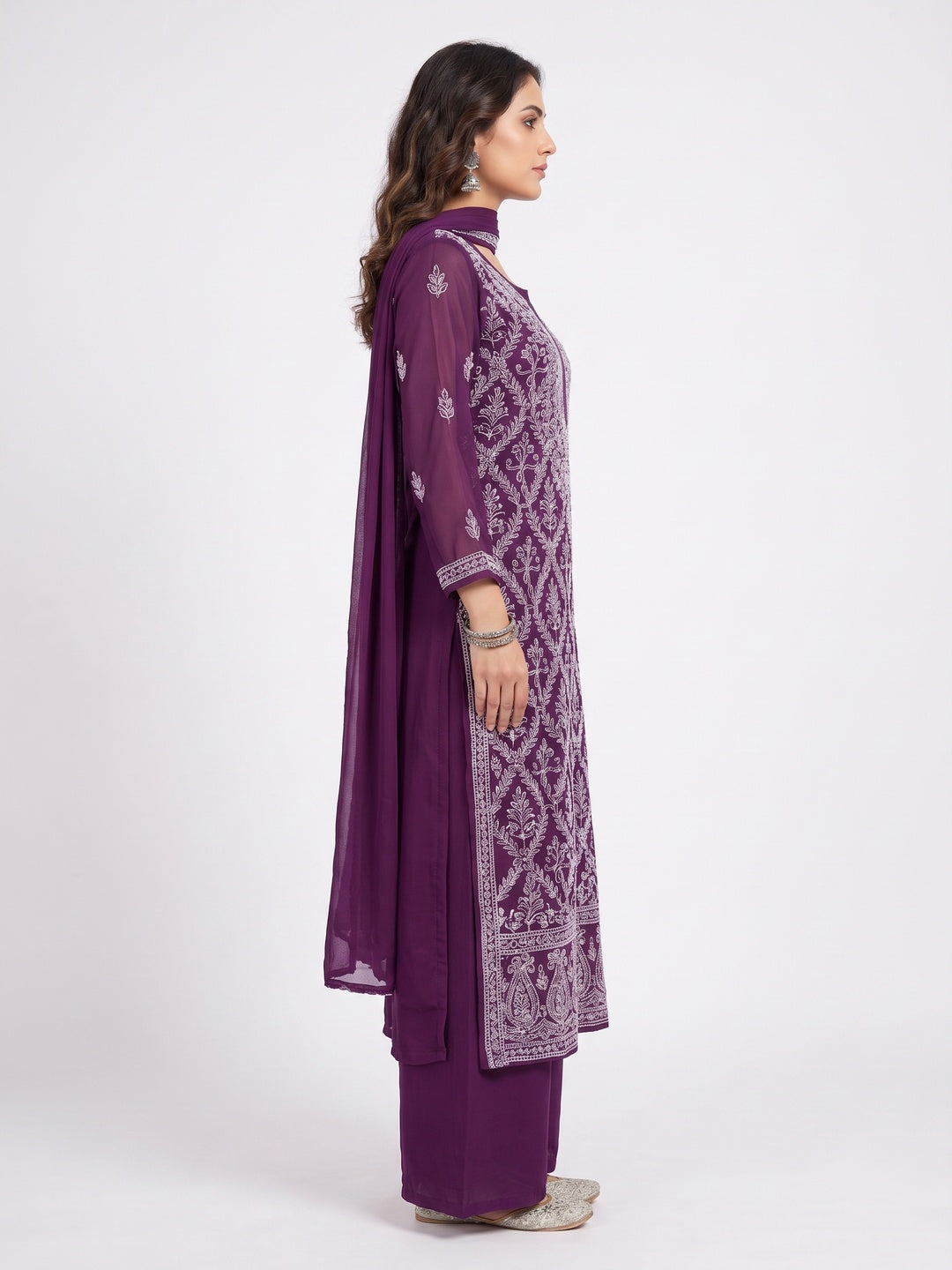 Purple Lucknowi Embroidered Georgette Dress Material - Image 3