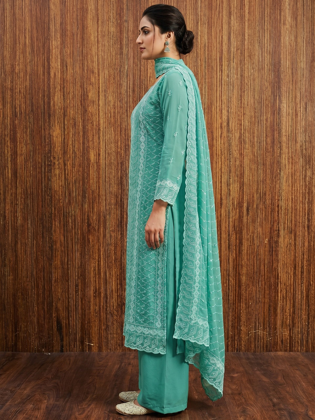 Turquoise Lucknowi Embroidered Georgette Dress Material - Image 2