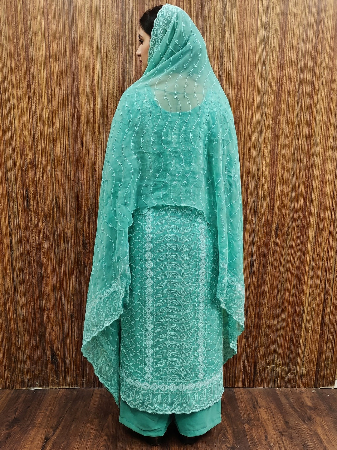 Turquoise Lucknowi Embroidered Georgette Dress Material - Image 3