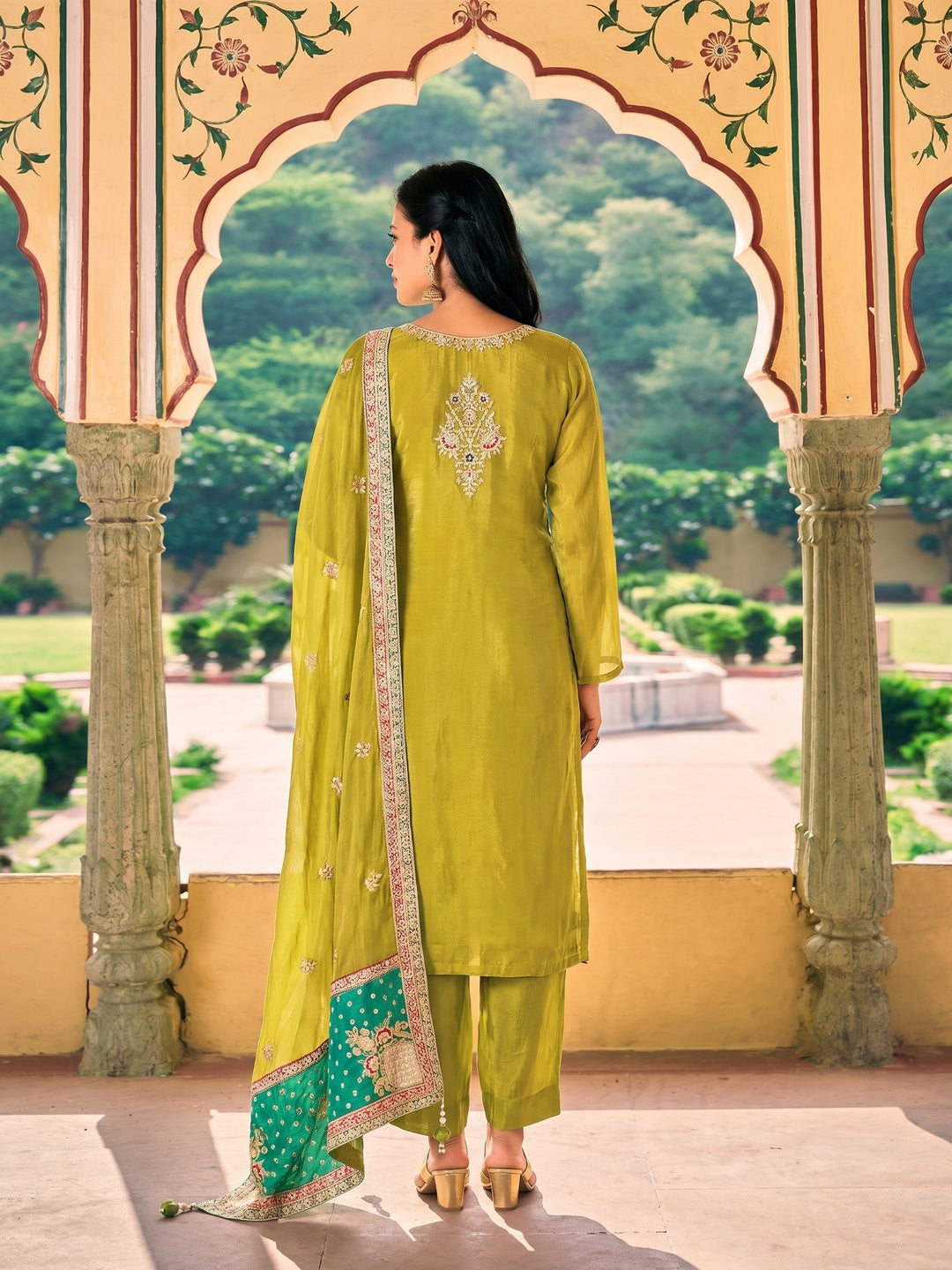 Mustard Sequins Embroidered Chinon Semi Stitched Salwar Suit - Image 1