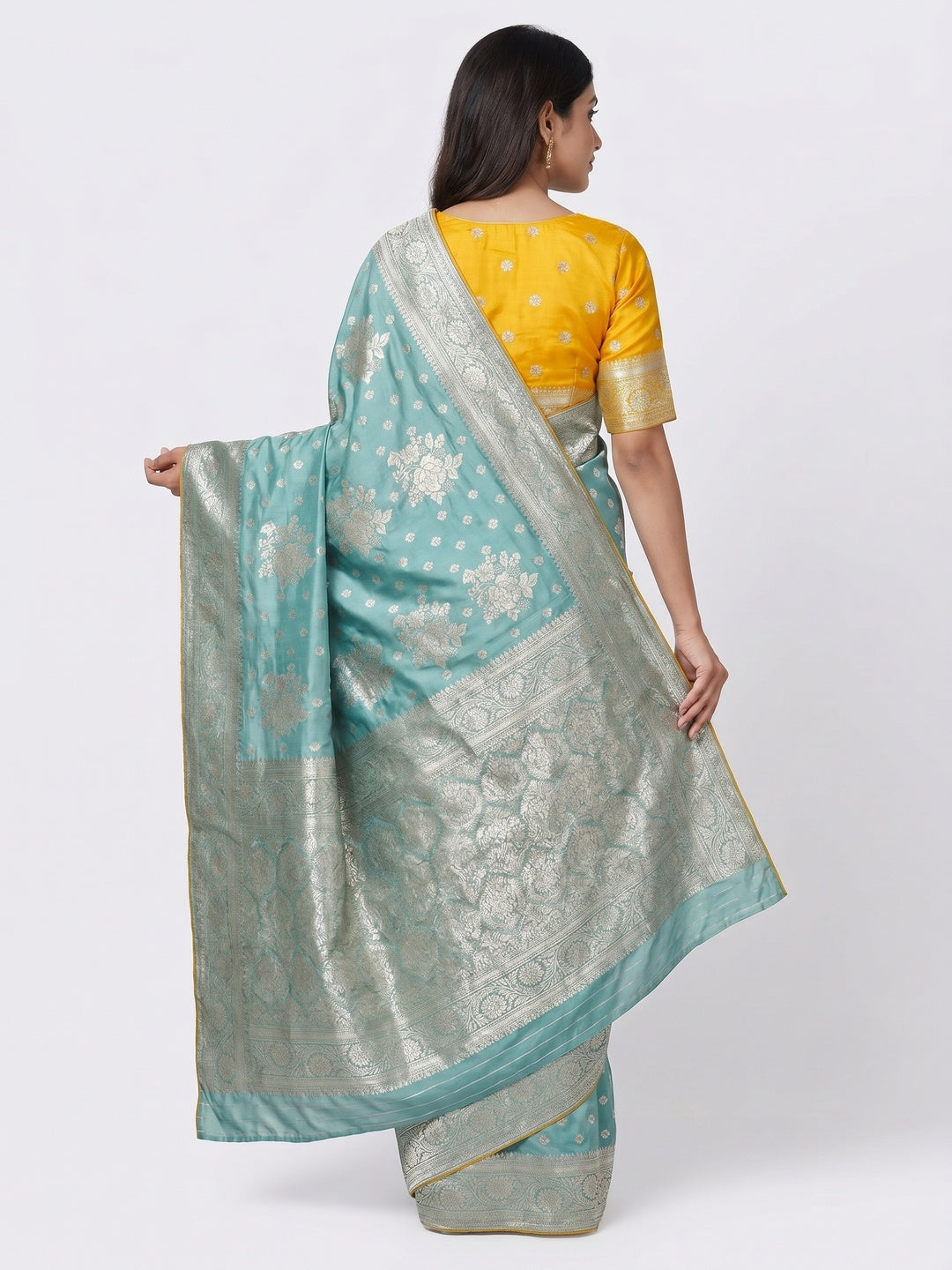 Turquoise Floral Woven Dola Silk Saree - Image 4