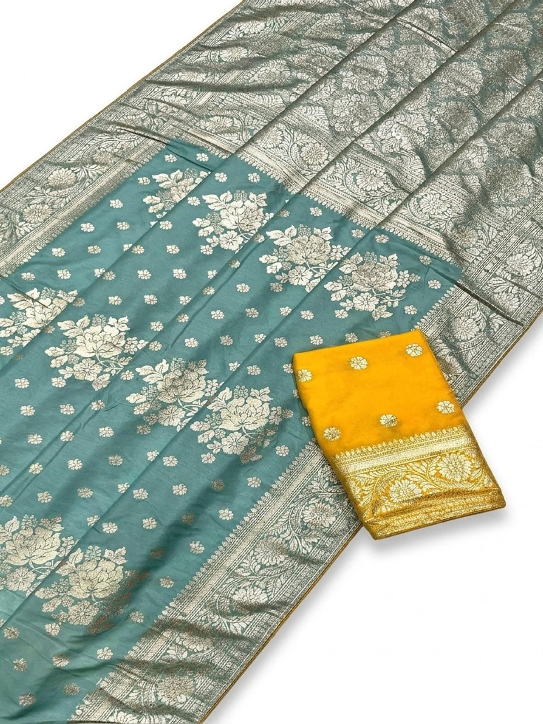 Turquoise Floral Woven Dola Silk Saree - Image 3