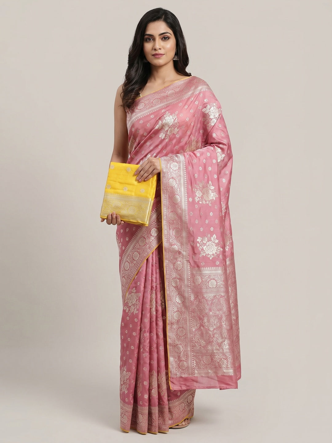 Pink Floral Woven Dola Silk Saree - Image 1
